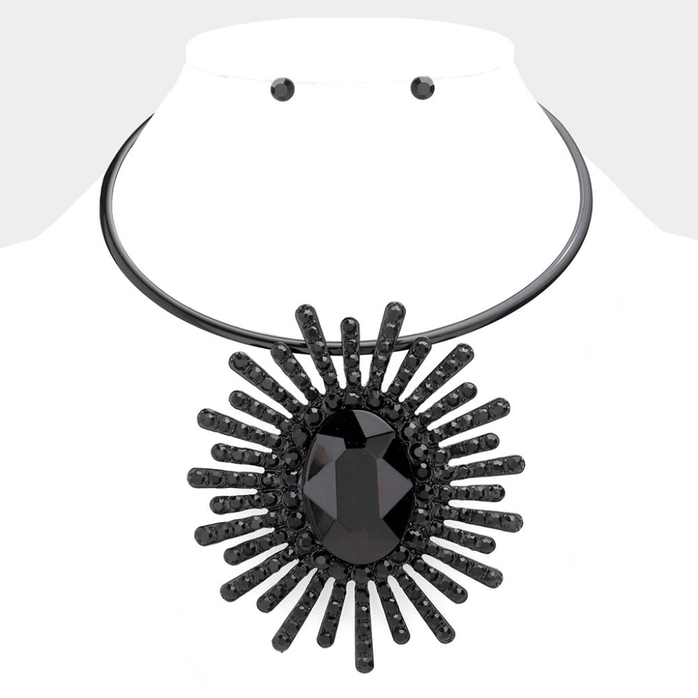 Black Oval Sunburst Pendant Choker Necklace Abstract Statement Crystal Set